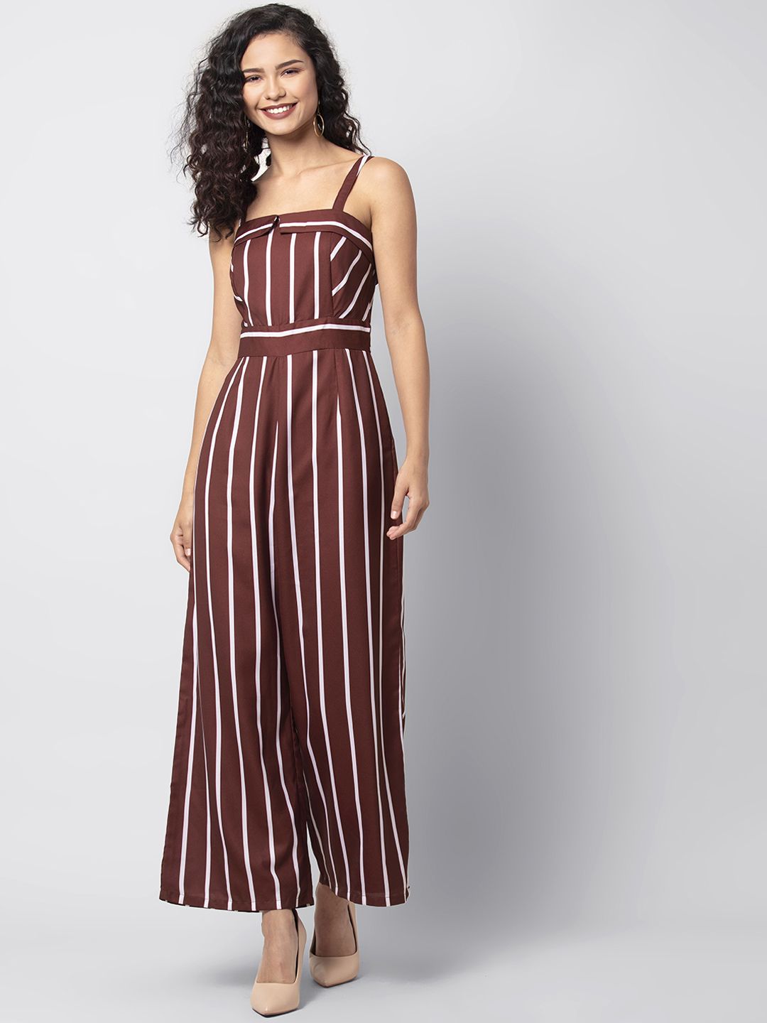 FabAlley Women Maroon & White Striped Basic Jumpsuit Price in India