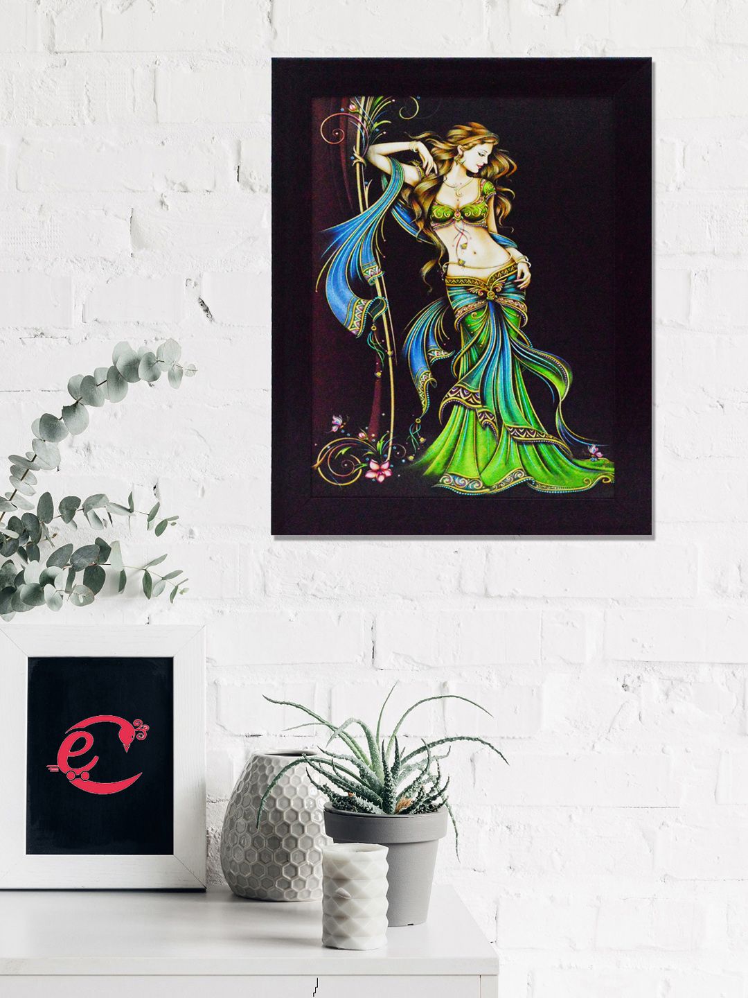 eCraftIndia Black & Green Beautiful Angel Printed Satin Matt Texture UV Wall Art Price in India