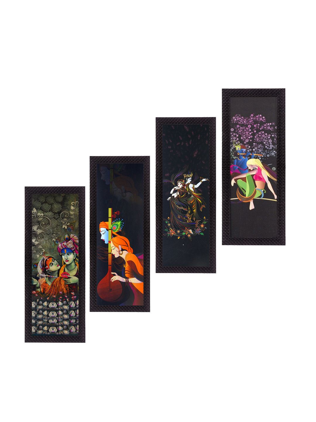 eCraftIndia Set Of 4 Black & Orange Radha Krishna Satin Matt Texture UV Wall Art Price in India