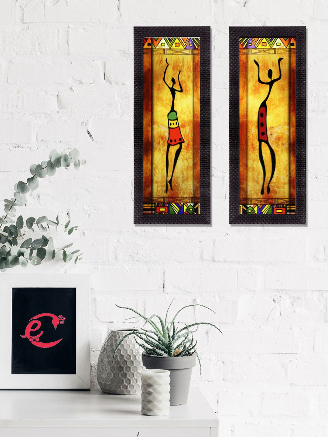 eCraftIndia Set of 2 Beige & Brown Abstract Dancing Lady Satin Matt Texture UV Wall Art Price in India
