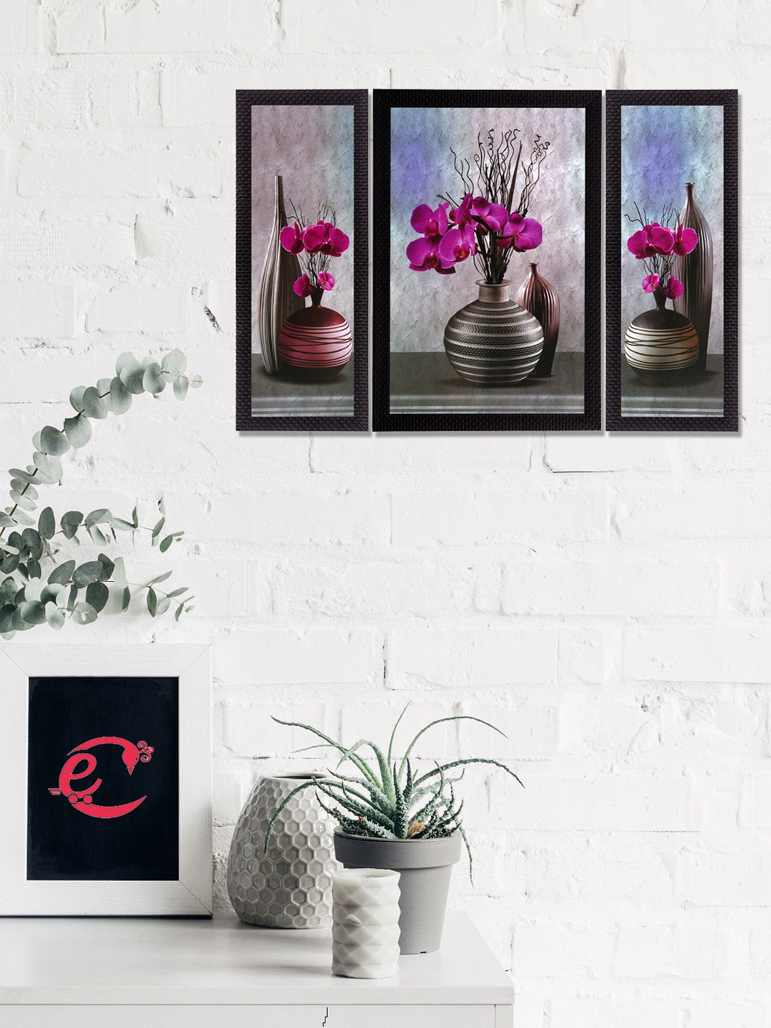 eCraftIndia Set Of 3 Pink & Grey Flower & Vase Satin Matt Texture UV Wall Art Price in India