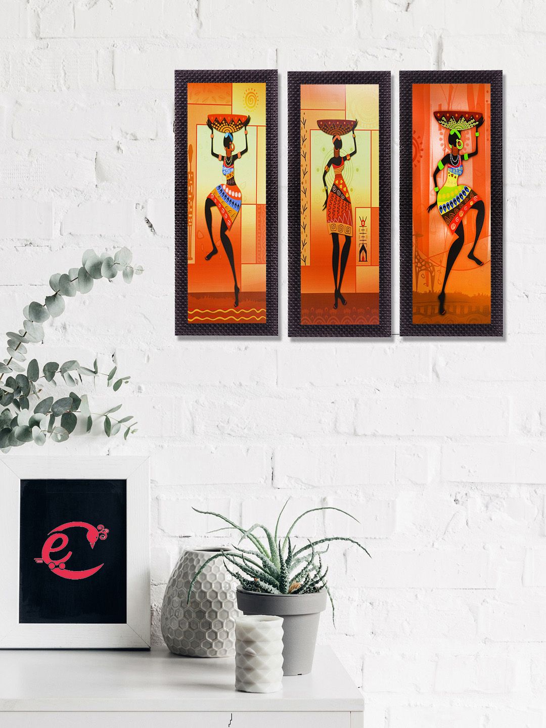 eCraftIndia Set Of 3 Orange & Beige Tribal Ladies Satin Matt Texture UV Wall Art Price in India