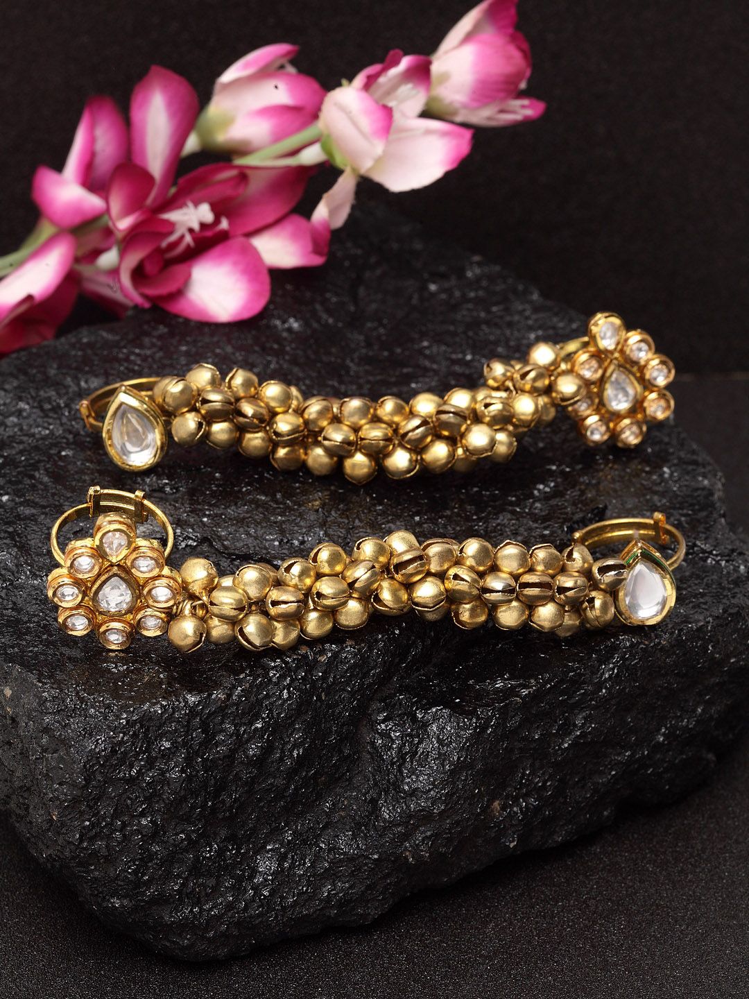 DUGRISTYLE Set of 2 Gold-Plated & White Kundan-Studded Handcrafted Toe-Rings Price in India