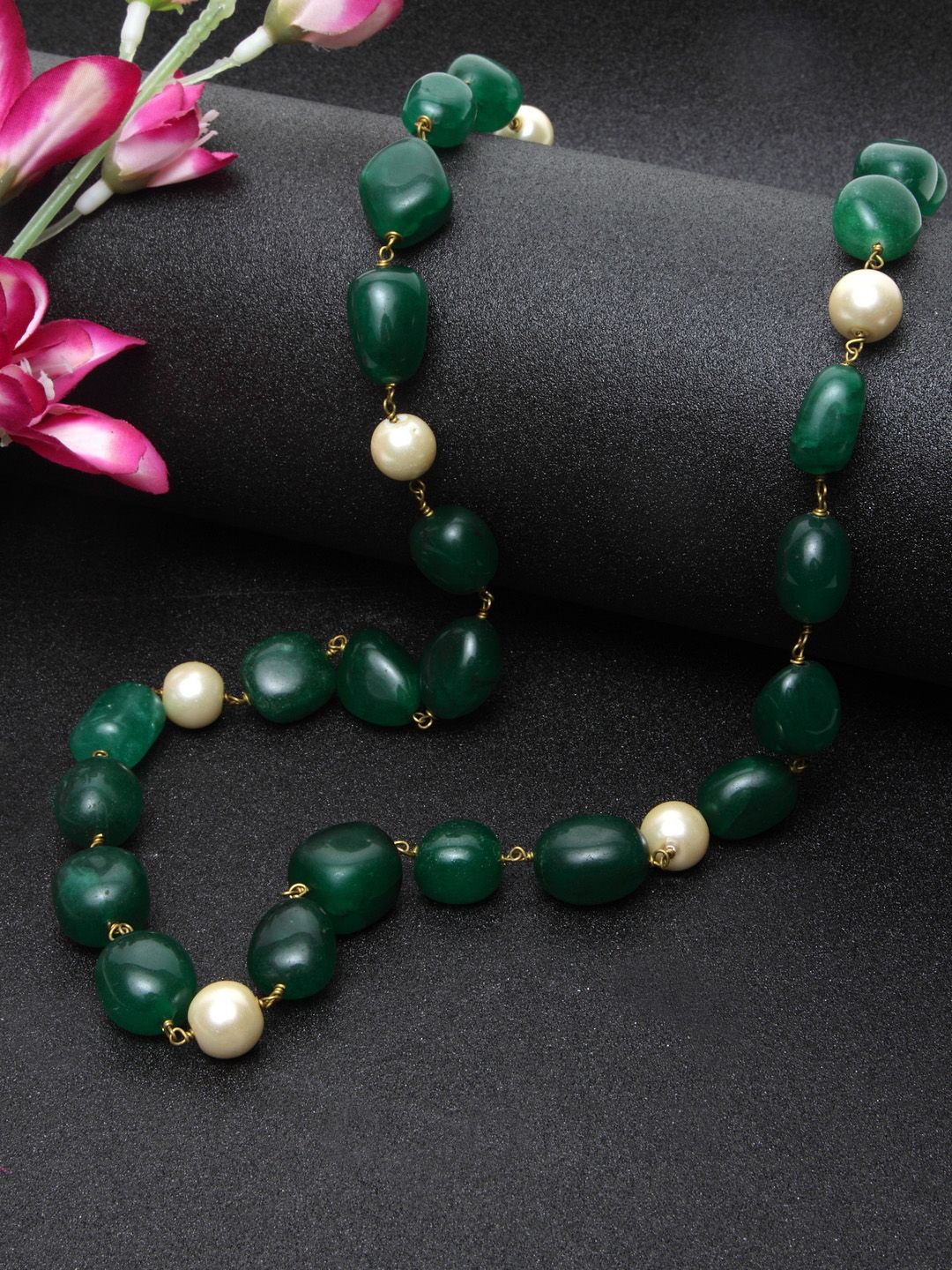 DUGRISTYLE Copper Gold-Plated Handcrafted Emerald & Pearl Studded Necklace Price in India