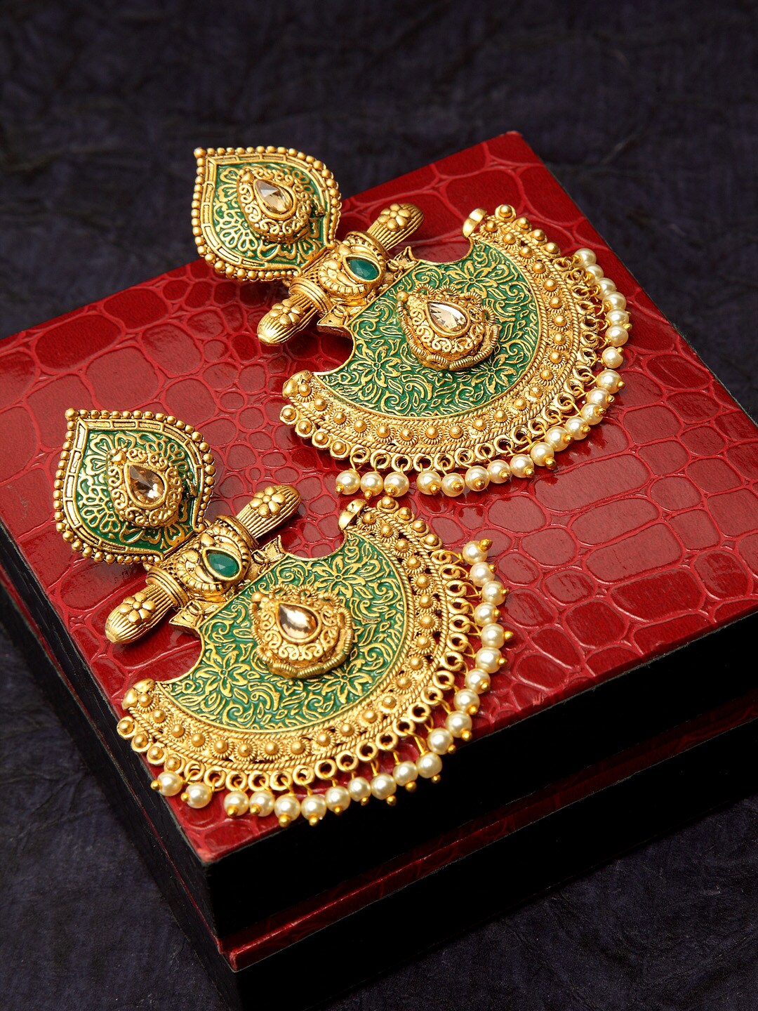 PANASH Gold-Toned & Green Geometric Handpainted Drop Earrings Price in India