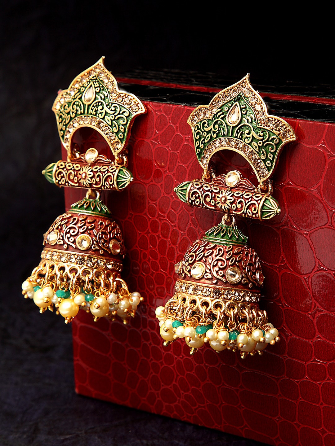 PANASH Gold-Toned & Red Dome Shaped Jhumkas Price in India