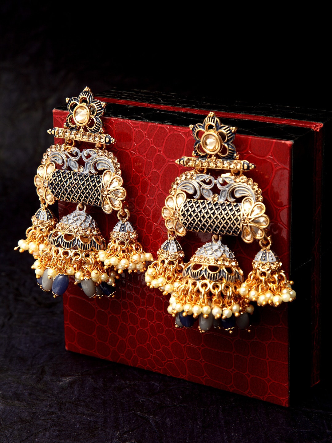 PANASH Gold-Toned & Black Dome Shaped Gold-Plated Hand Painted Drop Earrings Price in India
