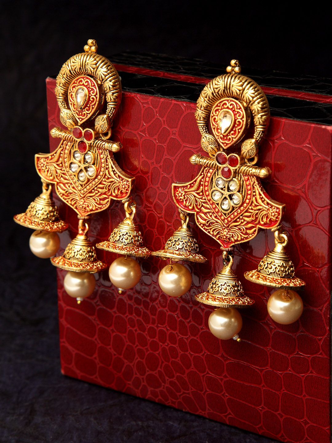 PANASH Gold-Toned & Red Dome Shaped Drop Earrings Price in India