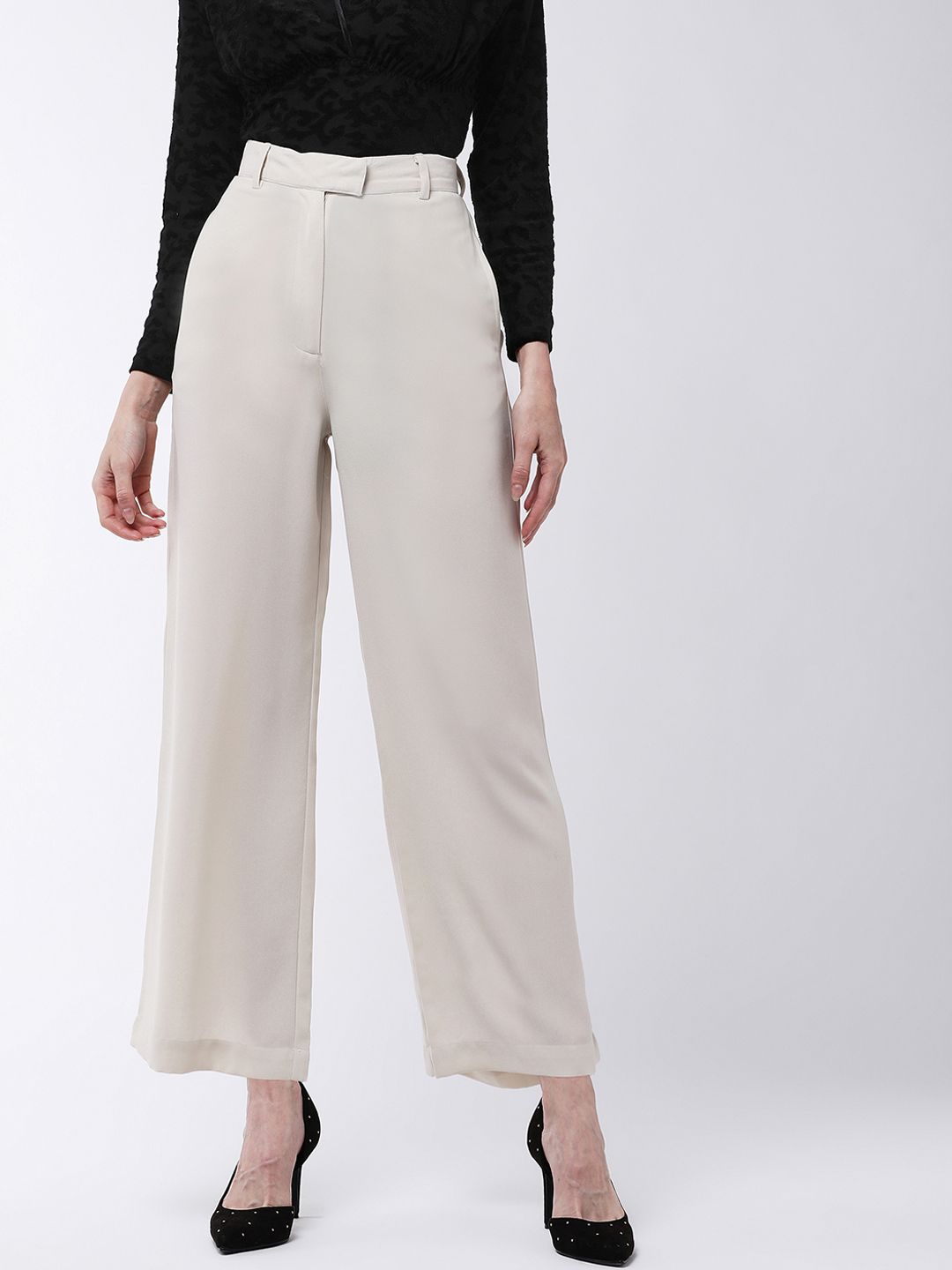 MAGRE Women Beige Flared Solid Parallel Trousers Price in India