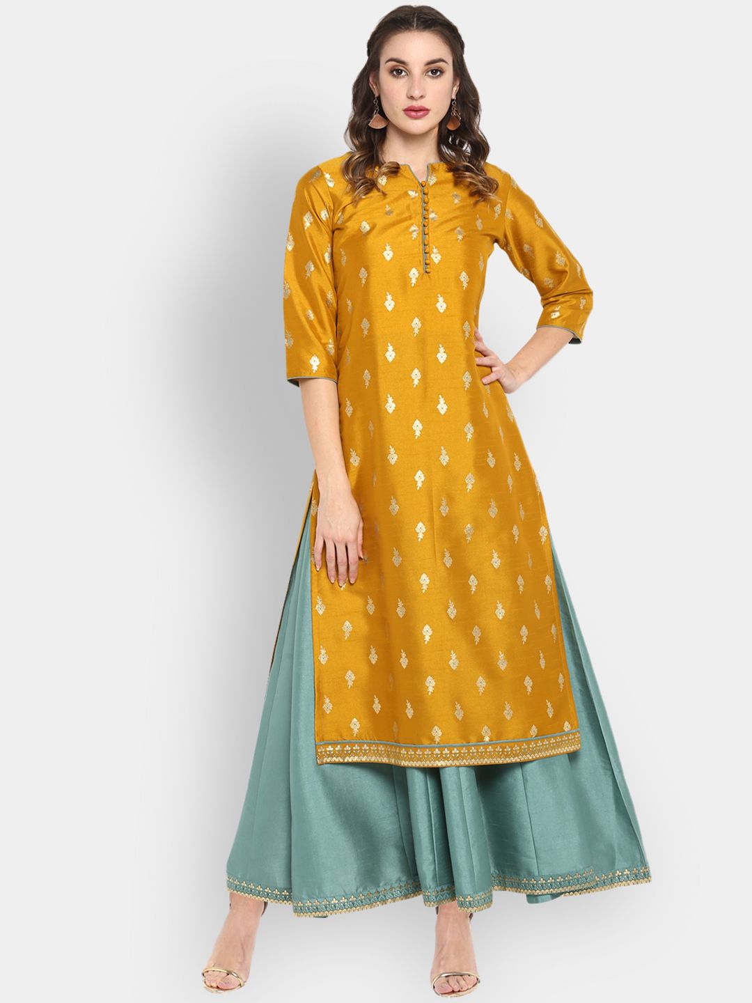 Janasya Women Mustard Yellow & Green Printed Fit and Flare Layered Dress Price in India