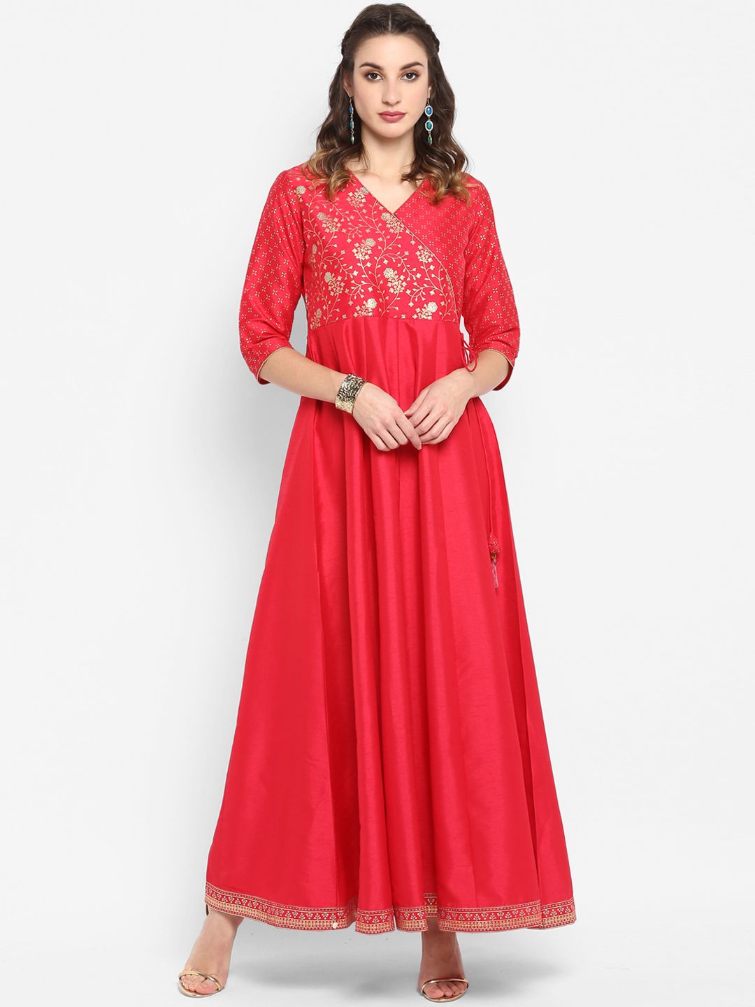 Janasya Women Red & Gold-Toned Floral Printed Flared Maxi Dress Price in India