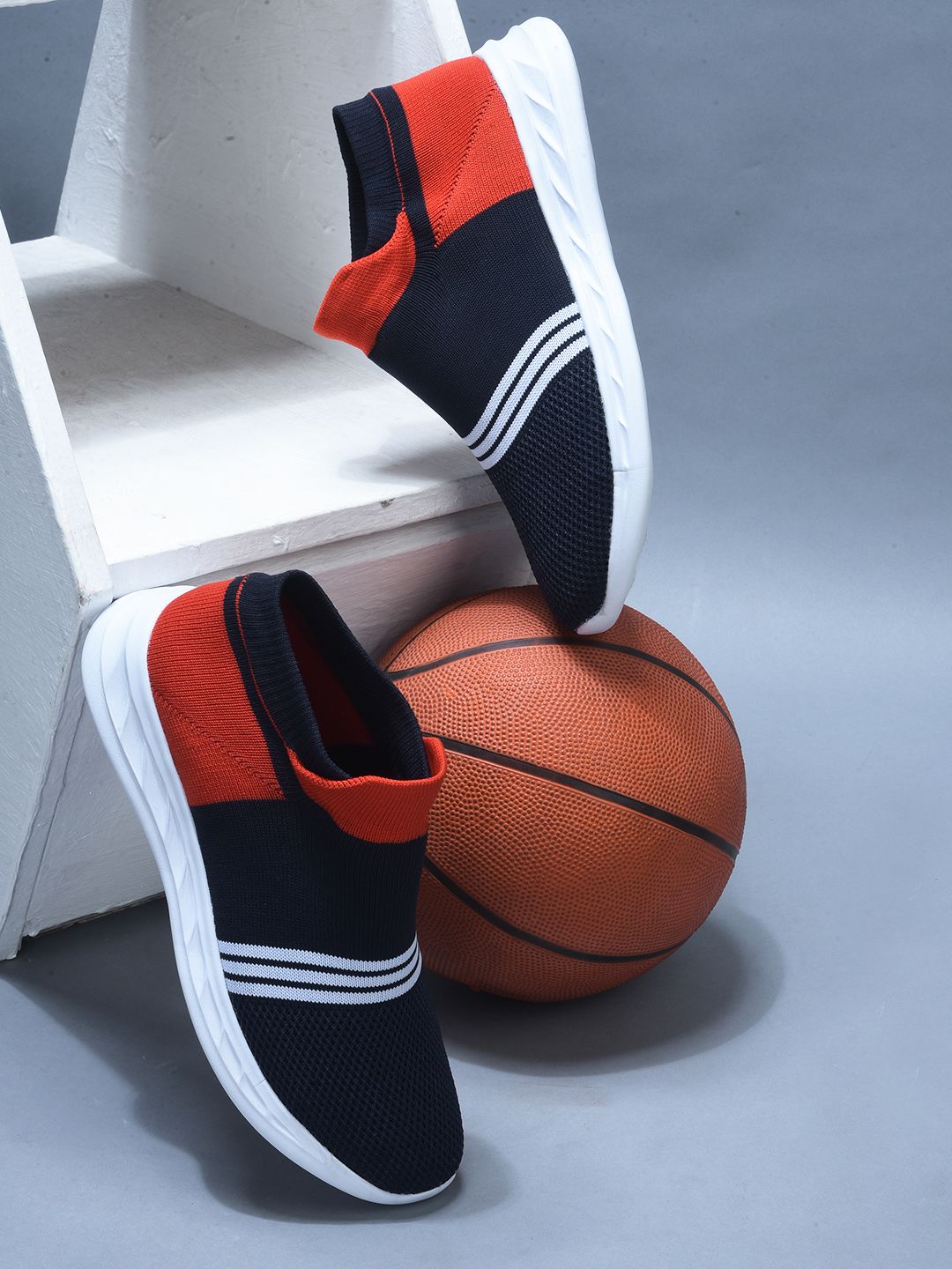 Liberty Men Navy Blue & Orange Colourblocked Slip-On Sports Shoes