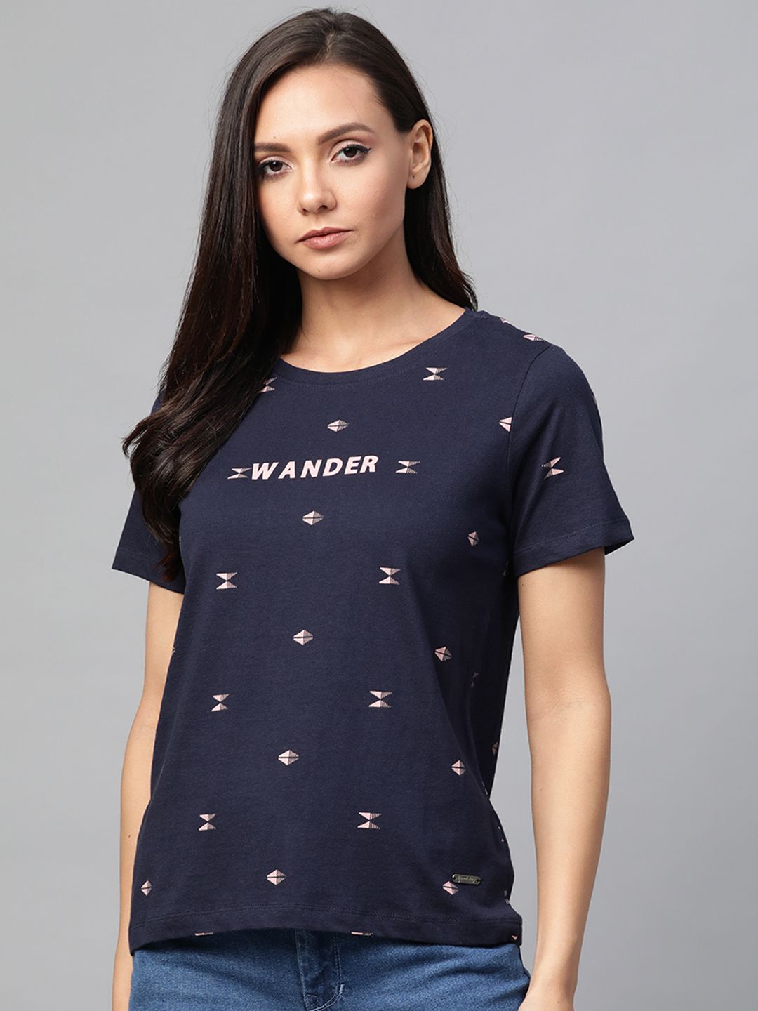 Roadster Women Navy Blue & Pink Printed Round Neck T-shirt