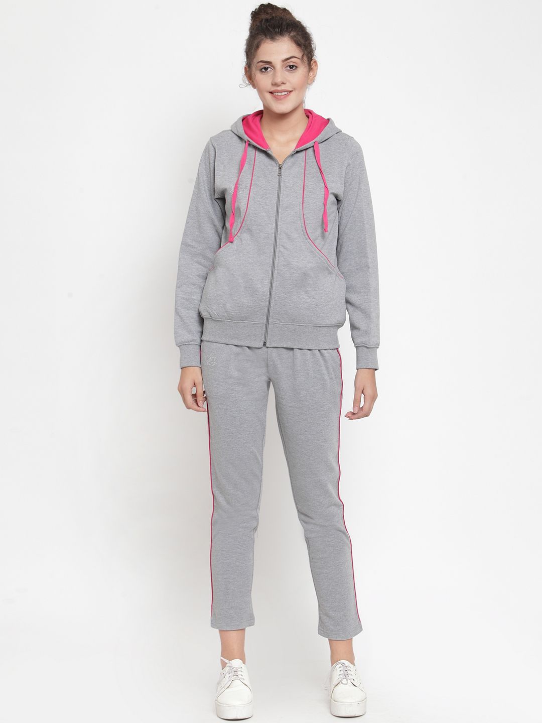 WILD WEST Women Grey & Pink Solid Tracksuit Price in India