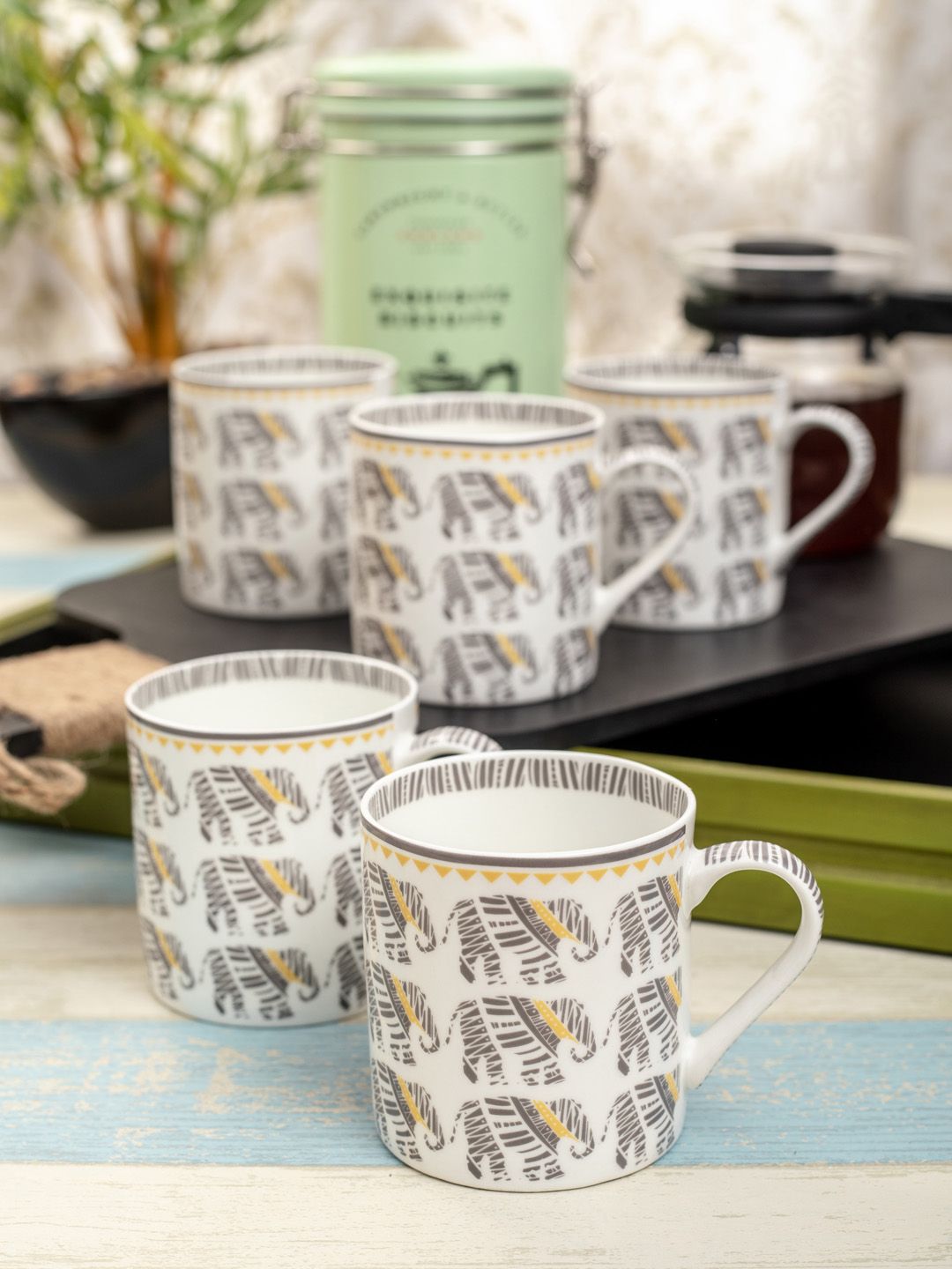 GOODHOMES Set of 6 White & Grey Elephant Printed Bone China Tea Cups/Coffee Mugs Price in India