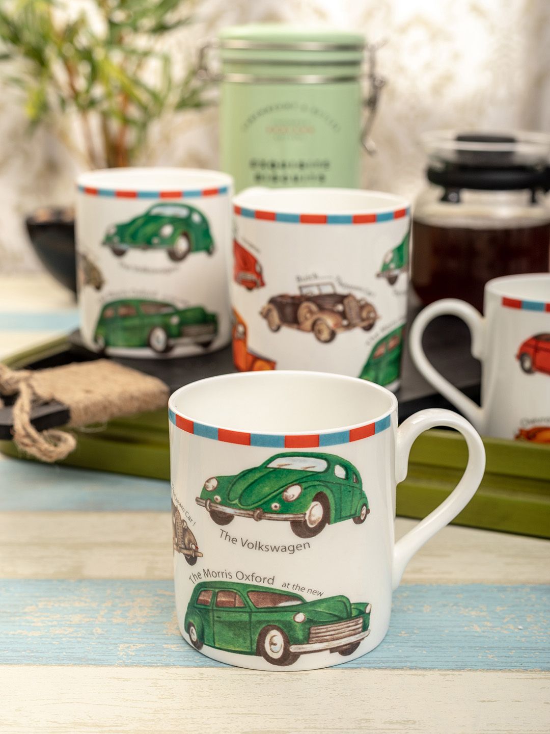 GOODHOMES Set of 4 White & Green Printed Vintage Cars Coffee Mugs Price in India