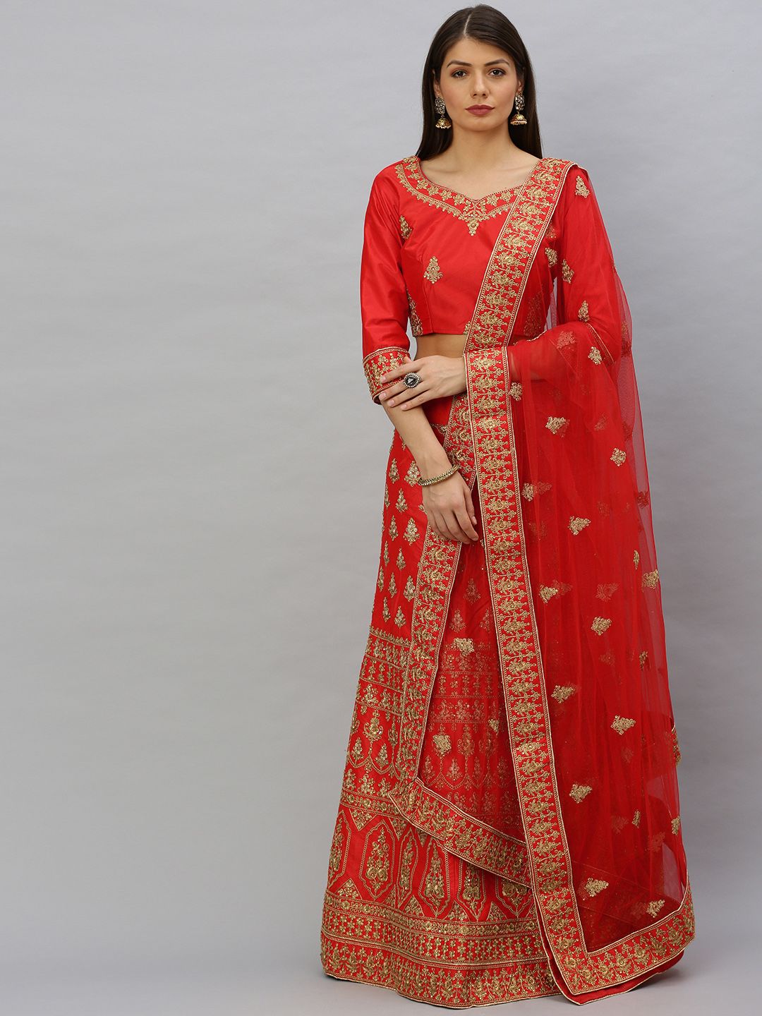 SHAVYA Red & Gold-Toned Embellished Ready to Wear Lehenga & Unstitched Blouse with Dupatta Price in India