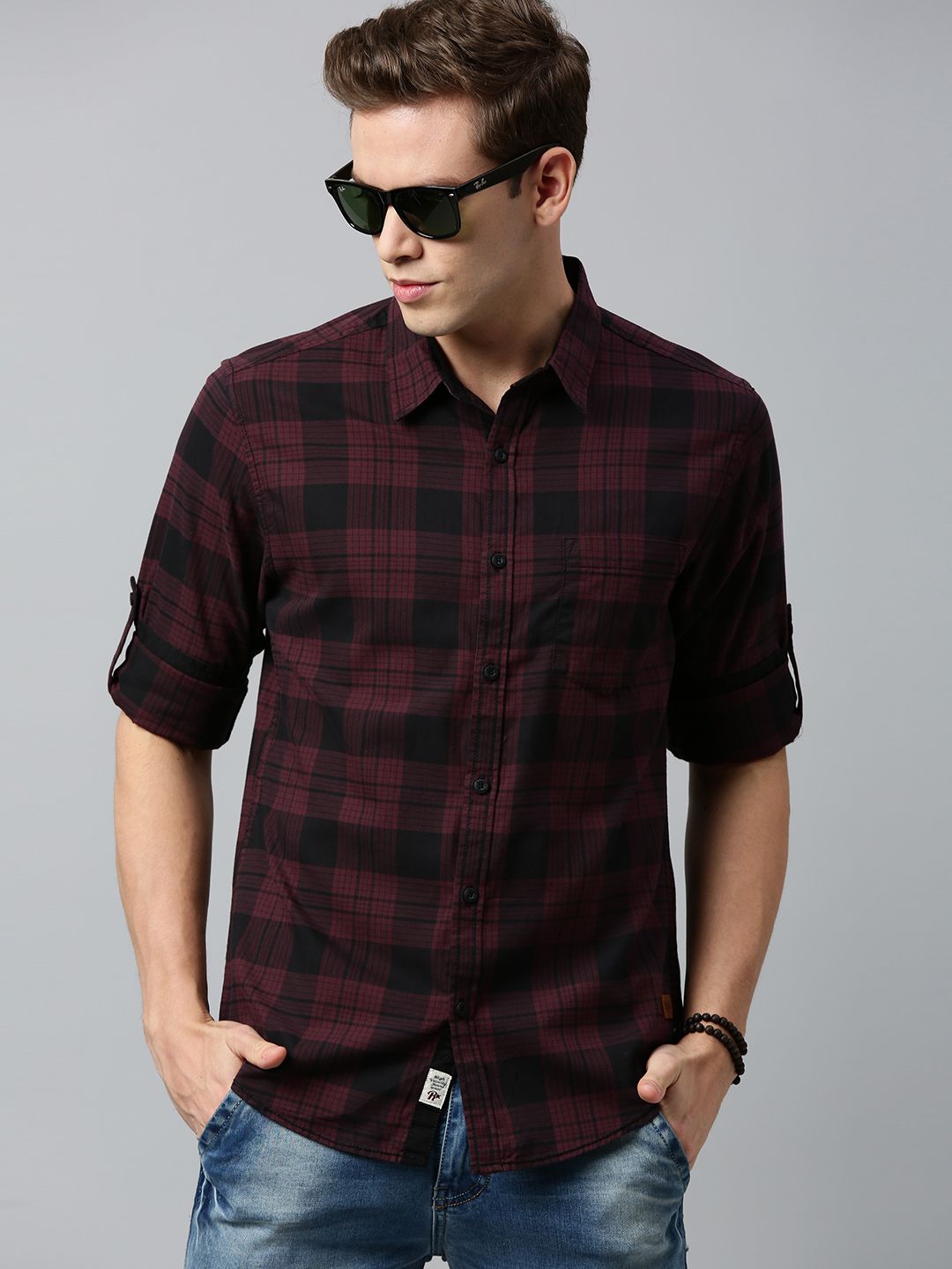 Roadster Men Burgundy & Black Regular Fit Checked Casual Sustainable Shirt