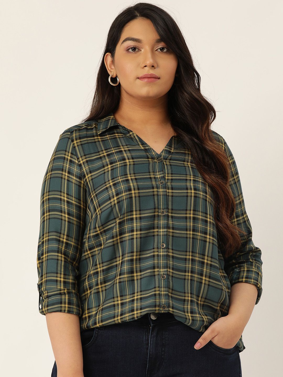 Sztori Women Teal Green & Yellow Regular Fit Checked Plus Size Casual Shirt