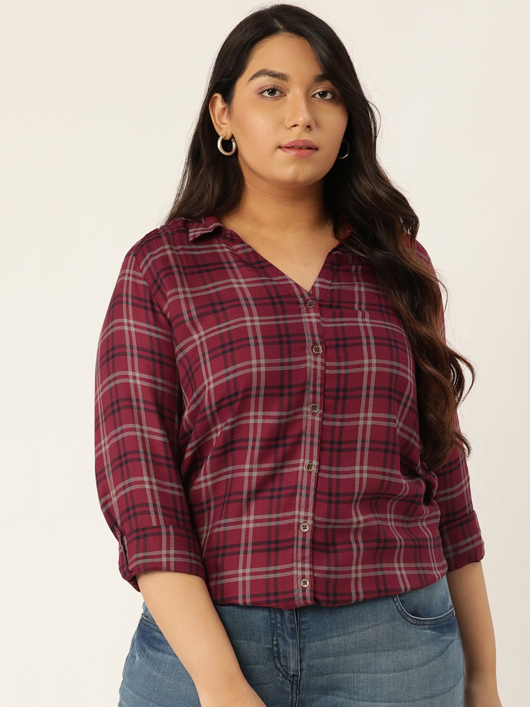 Sztori Women Maroon & White Regular Fit Checked Plus Size Casual Shirt