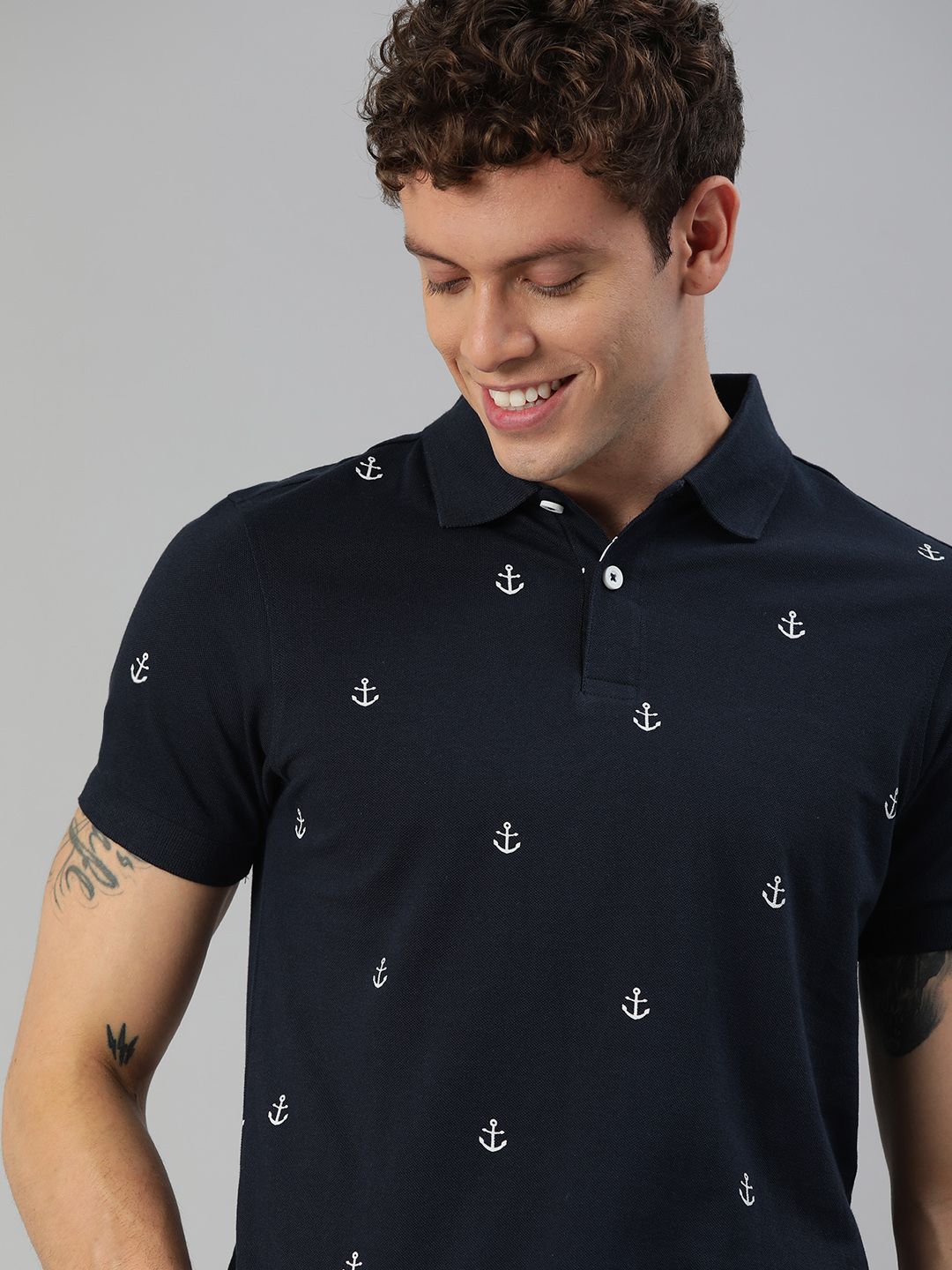 Mast & Harbour Men Navy Blue & White Conversational Printed Polo Collar T-shirt