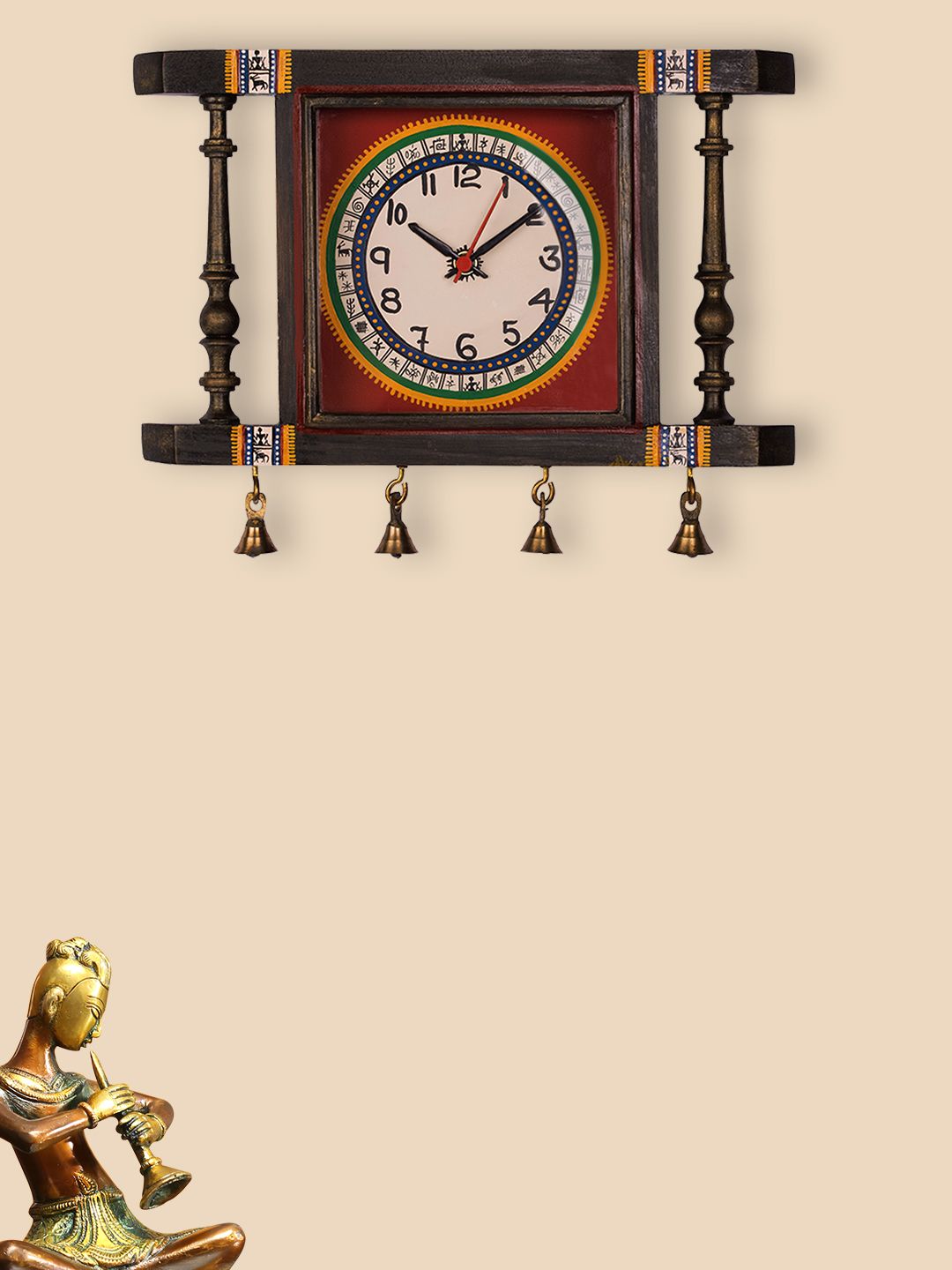 ExclusiveLane Brown Tribal Timing Warli Hand-Painted Teak Wooden Wall Clock 30 cm