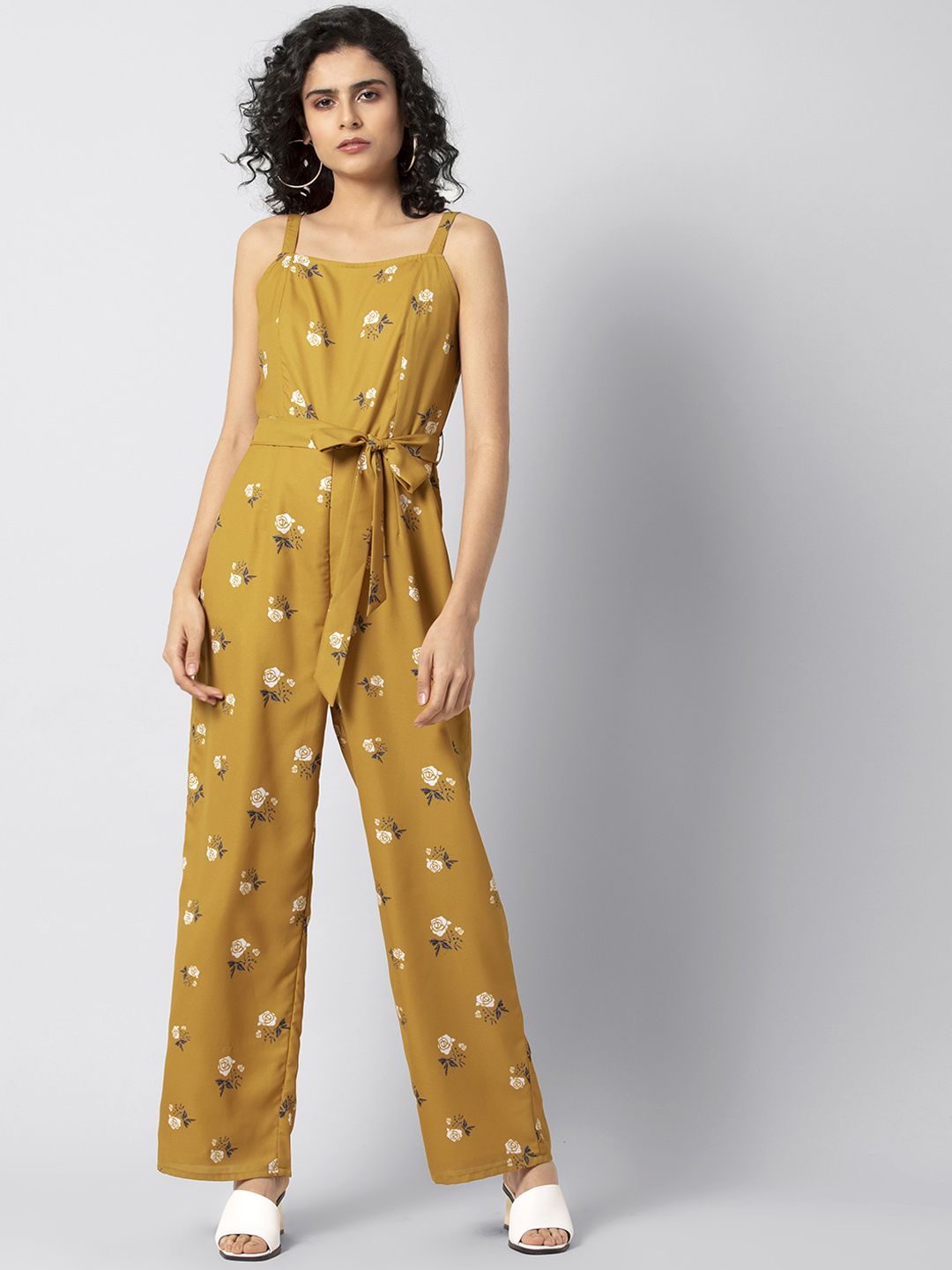 FabAlley Women Mustard Yellow and Off-White Printed Basic Jumpsuit Price in India