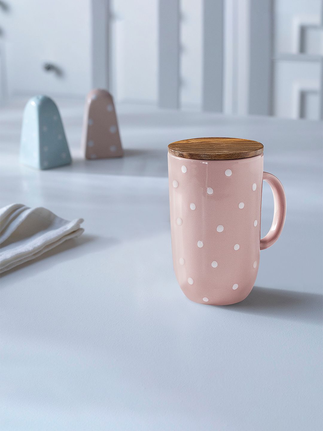 ellementry Pink Polka Dots Printed Tall Ceramic Mug With Lid Price in India