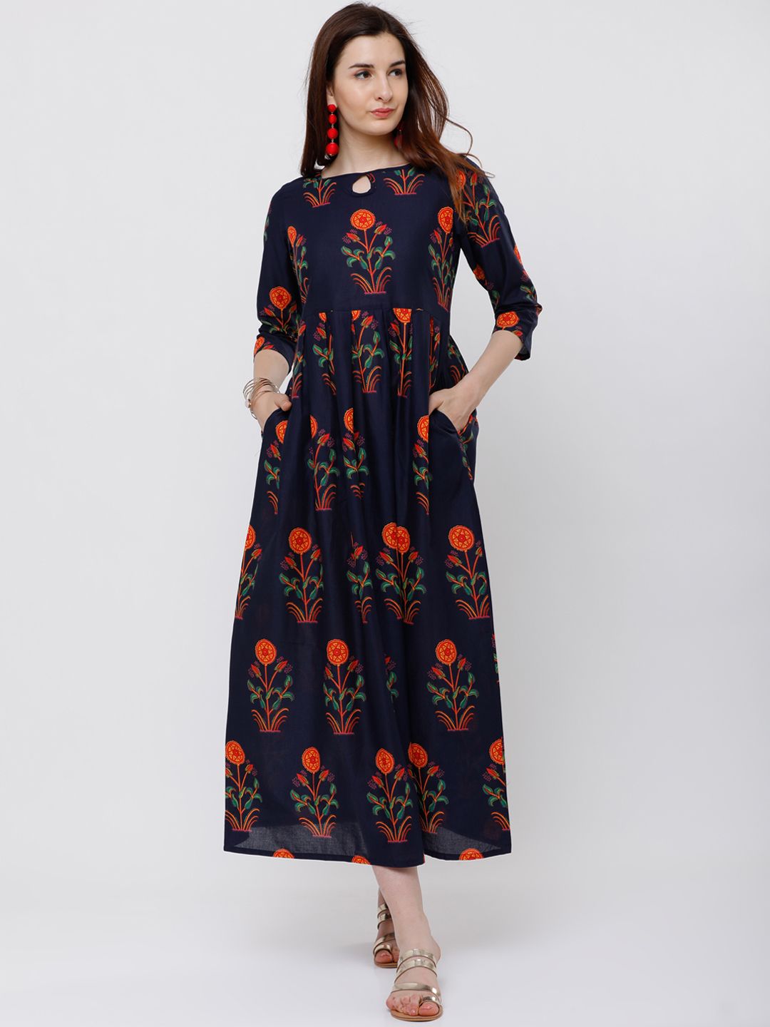 Vishudh Women Navy Blue Floral Printed Ethnic Maxi Dress Price in India