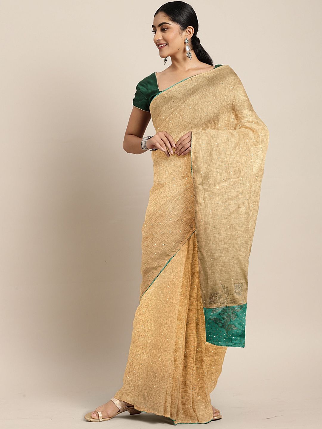 The Chennai Silks Beige Embellished Viscose Rayon Saree