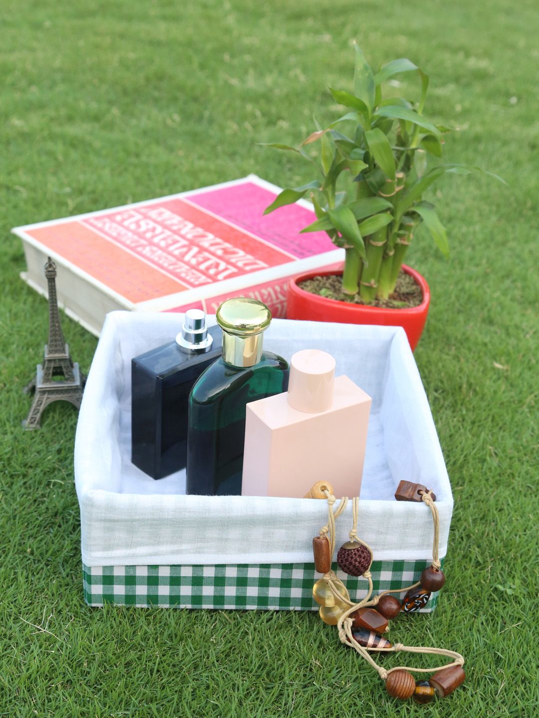 My Gift Booth White Green Checked Small Multi Utility Basket Organiser Price in India