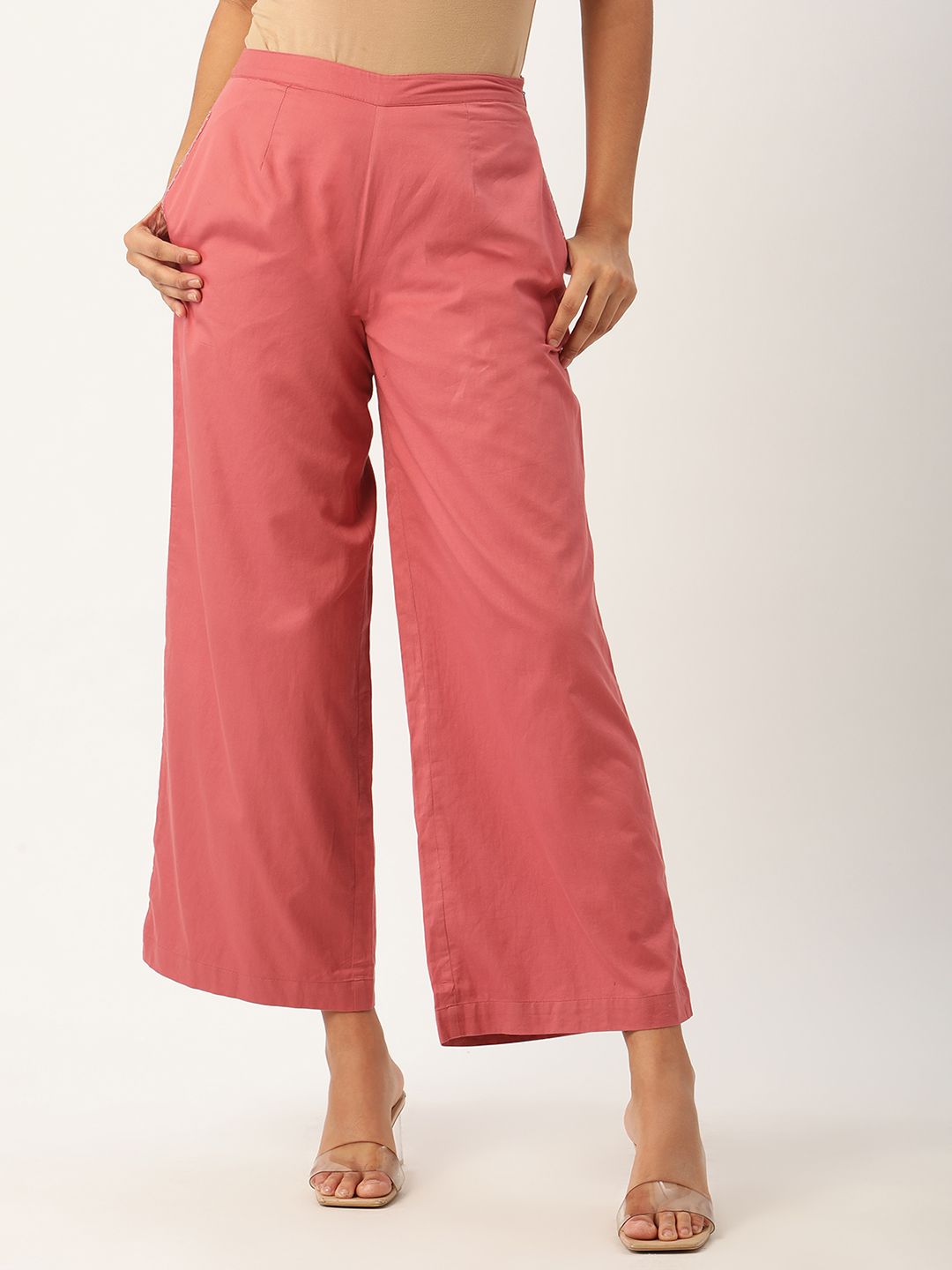 ROOTED Women Peach-Coloured Solid Wide Leg Palazzos Price in India