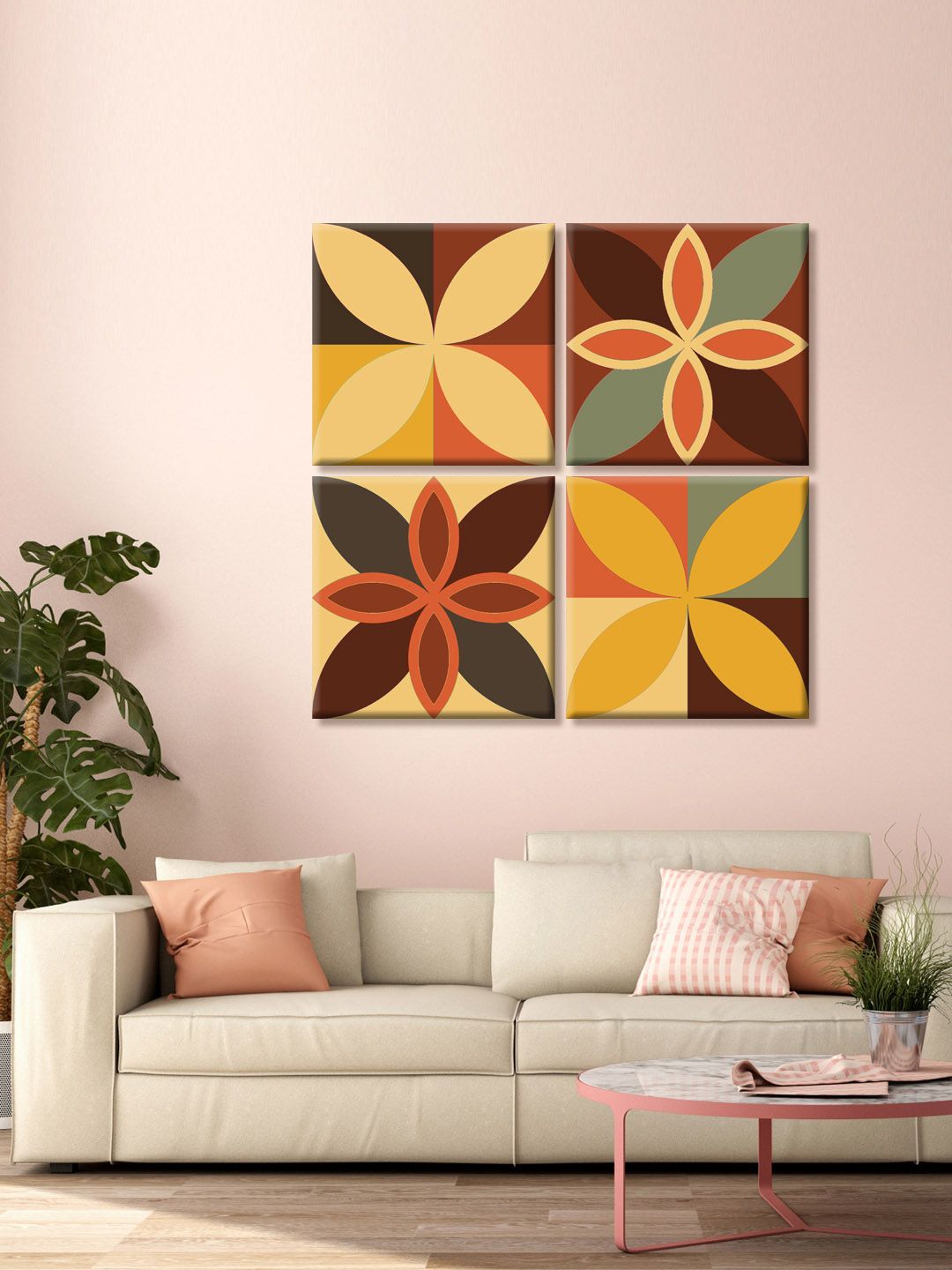 999Store Set Of 4 Red and Beige Flower Pattern Printed Canvas Mandala Wall Art Price in India