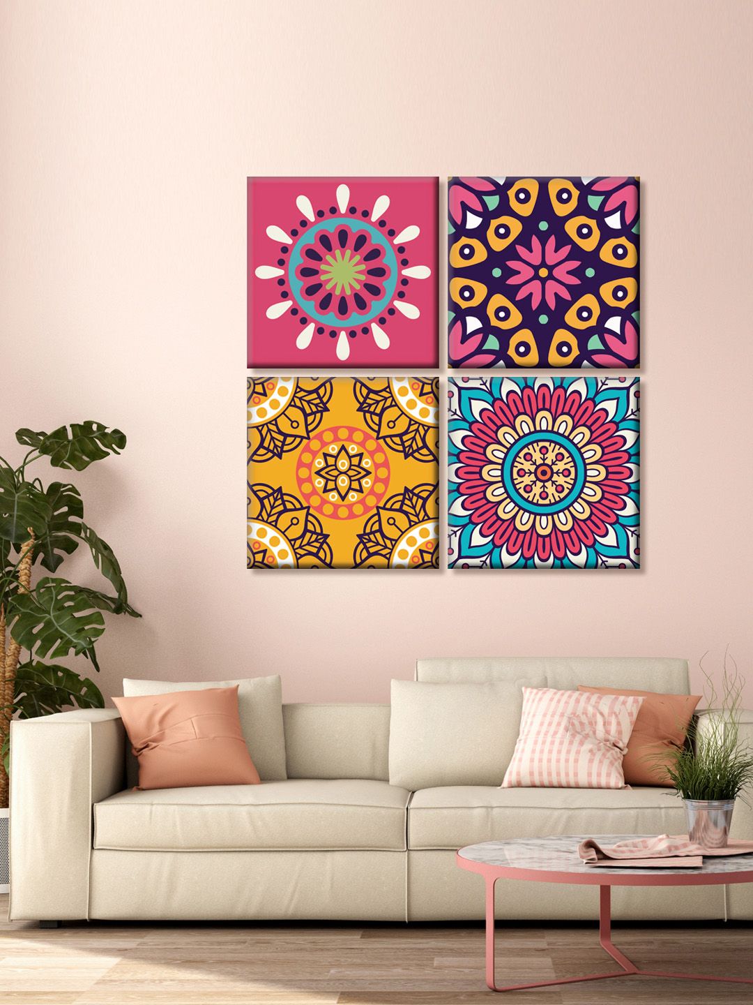 999Store Set Of 4 Pink Abstract Printed Canvas Mandala Wall Art Price in India