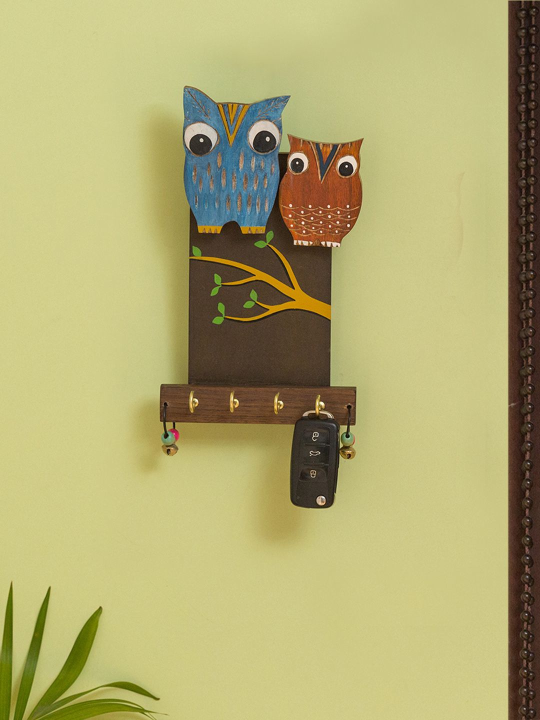 ExclusiveLane Brown & Blue Handcrafted Owl Couple Decorative Wooden Key Holder Price in India