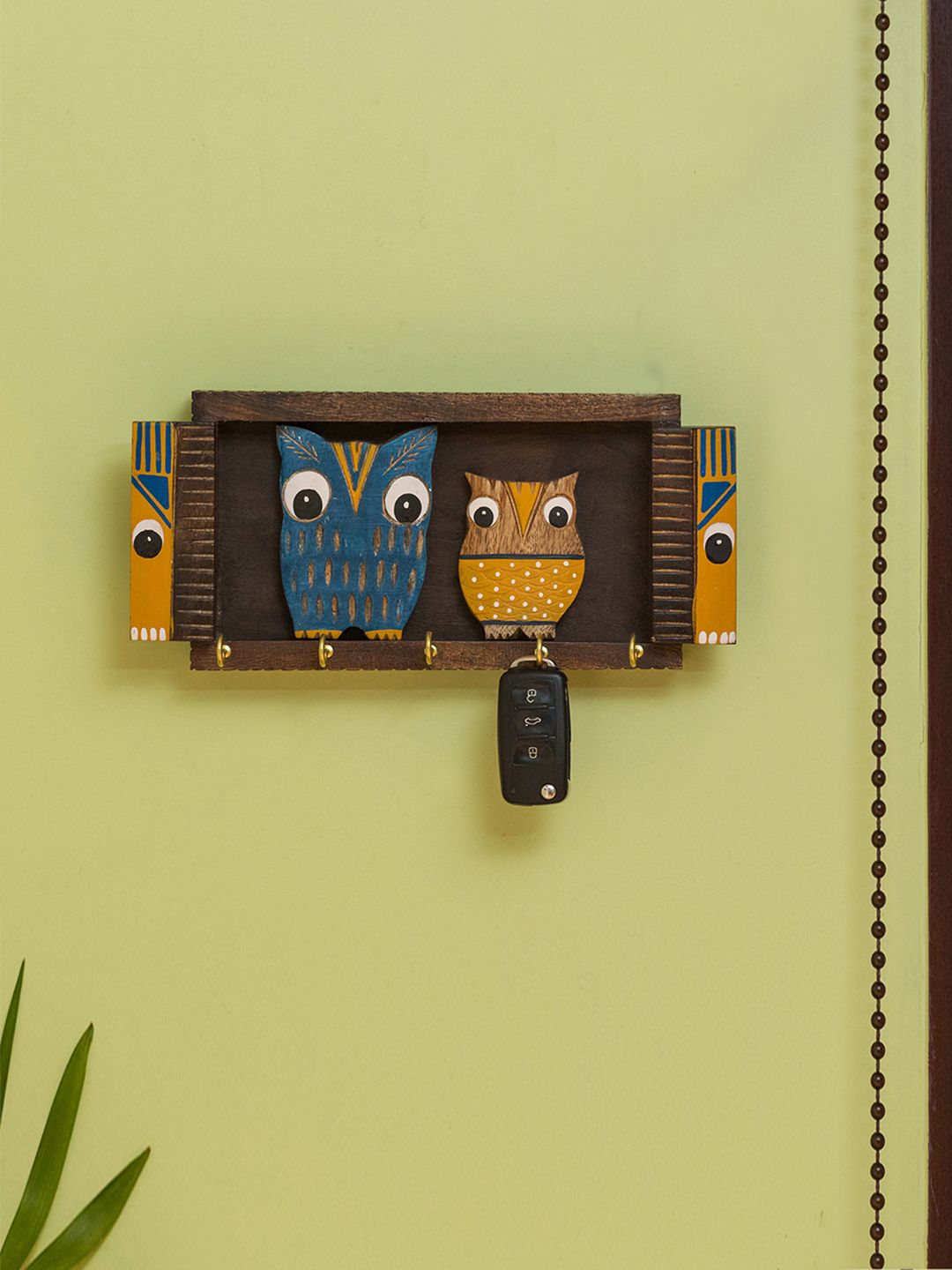 ExclusiveLane Brown & Yellow Handcrafted Owl & Owlet Decorative Mango Wood Key Holder Price in India