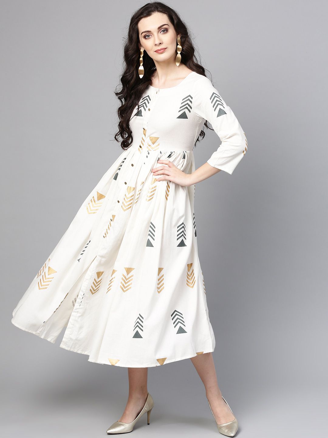 Varanga Women Off-White & Grey Printed Fit and Flare Dress Price in India