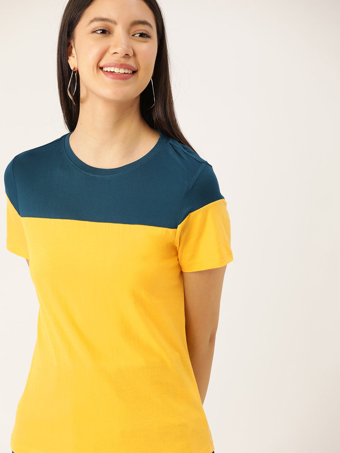 DressBerry Women Yellow & Teal Blue Colourblocked Round Neck T-shirt