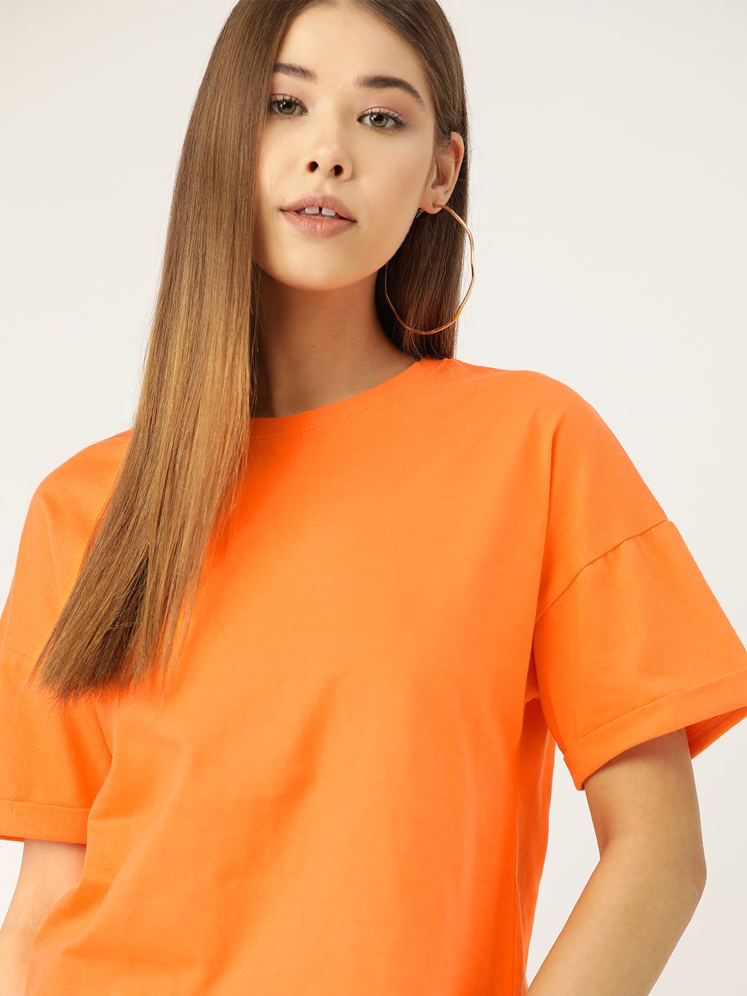 DressBerry Women Orange Solid Round Neck T-shirt