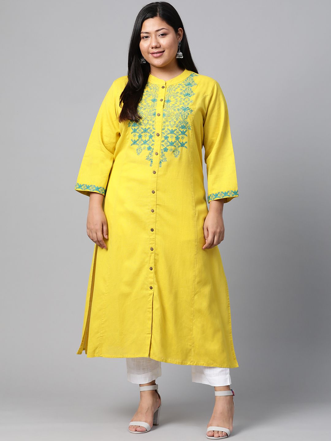 Divena Women Yellow & Blue Yoke Design A-Line Kurta Price in India