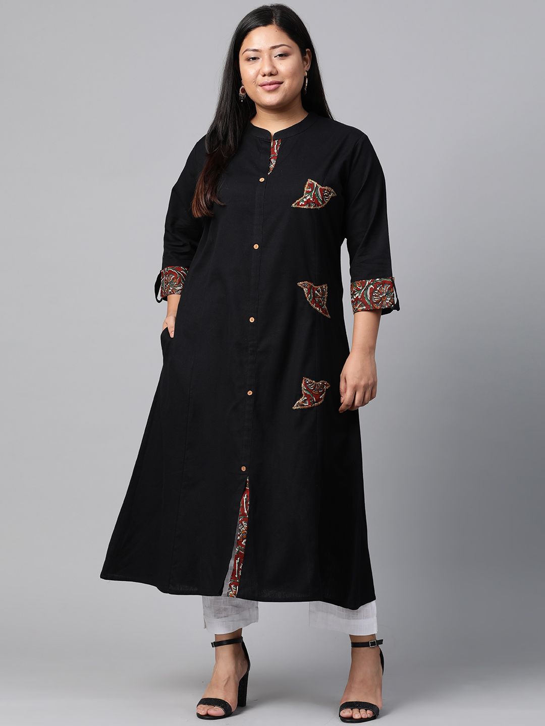 Divena Women Black Applique Detail A-Line Kurta Price in India