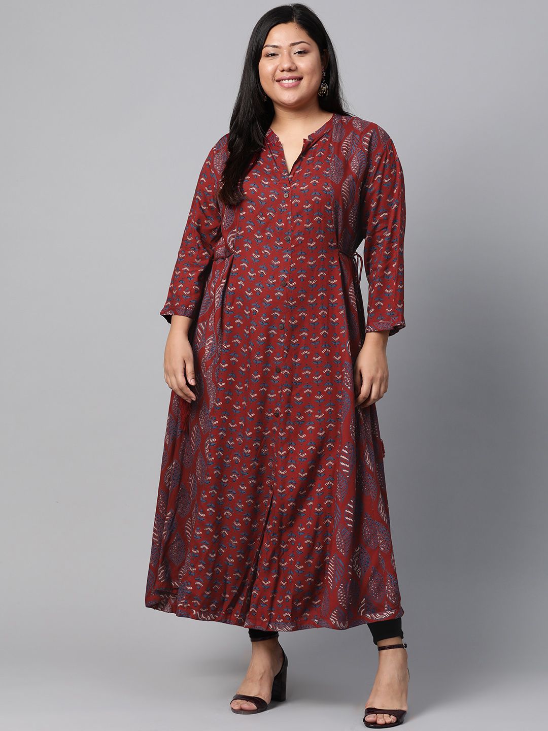 Divena Women Maroon & Blue Printed A-Line Kurta Price in India