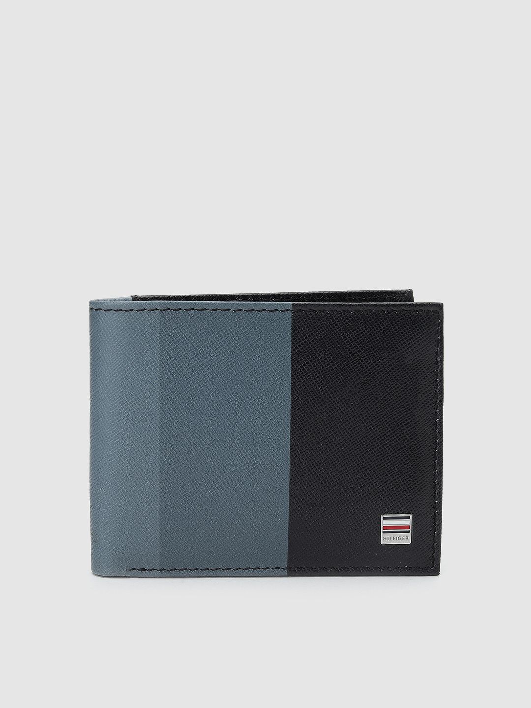 Tommy Hilfiger Tommy Hilfiger Men Black & Grey Striped Genuine Leather Two Fold Wallet