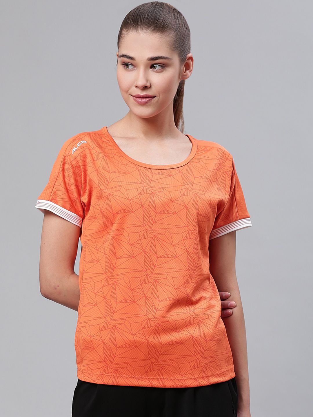 Alcis Women Orange Slim Fit Printed Round Neck Tennis T-shirt Price in India