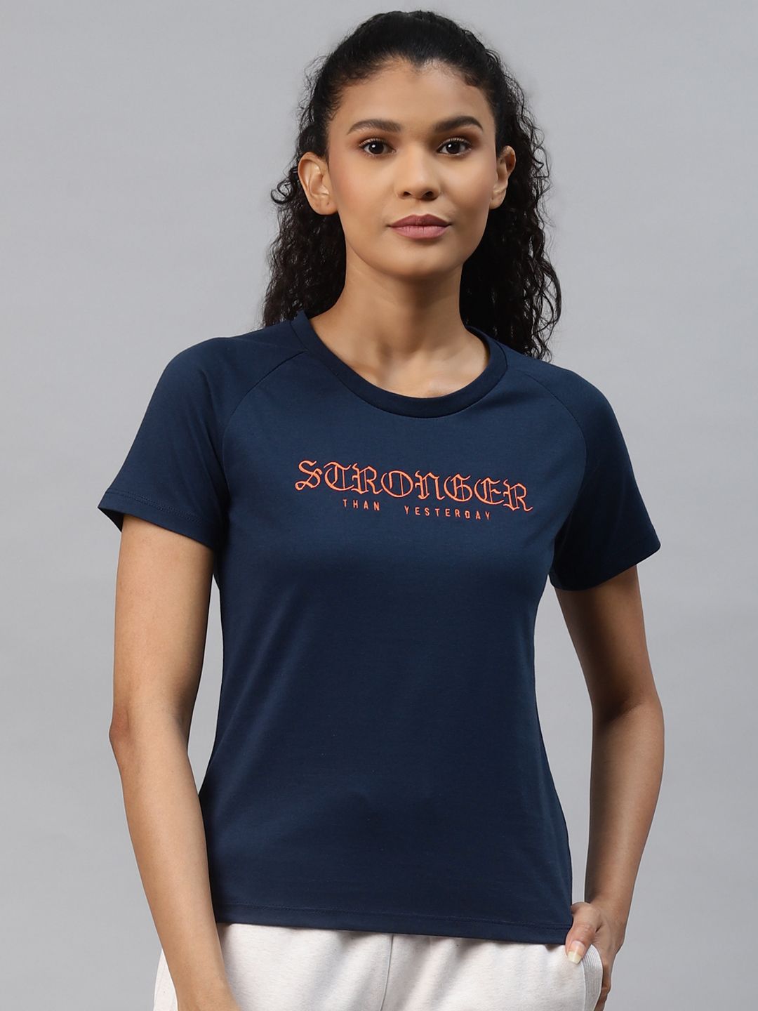 Alcis Women Navy Blue Typography Outdoor T-shirt Price in India