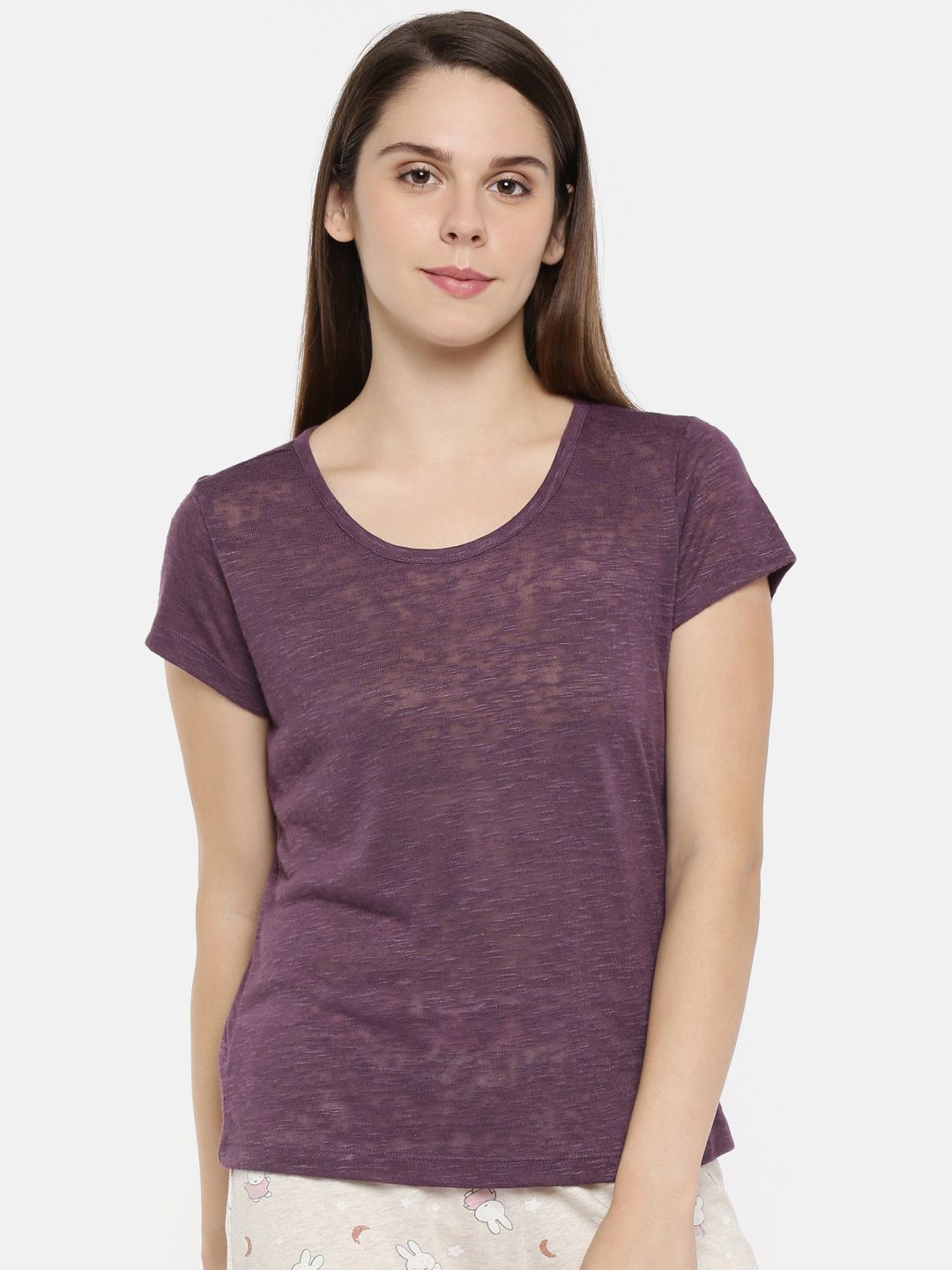 Dreamz by Pantaloons Women Purple Solid Round Neck Pure Cotton Lounge T-shirt Price in India