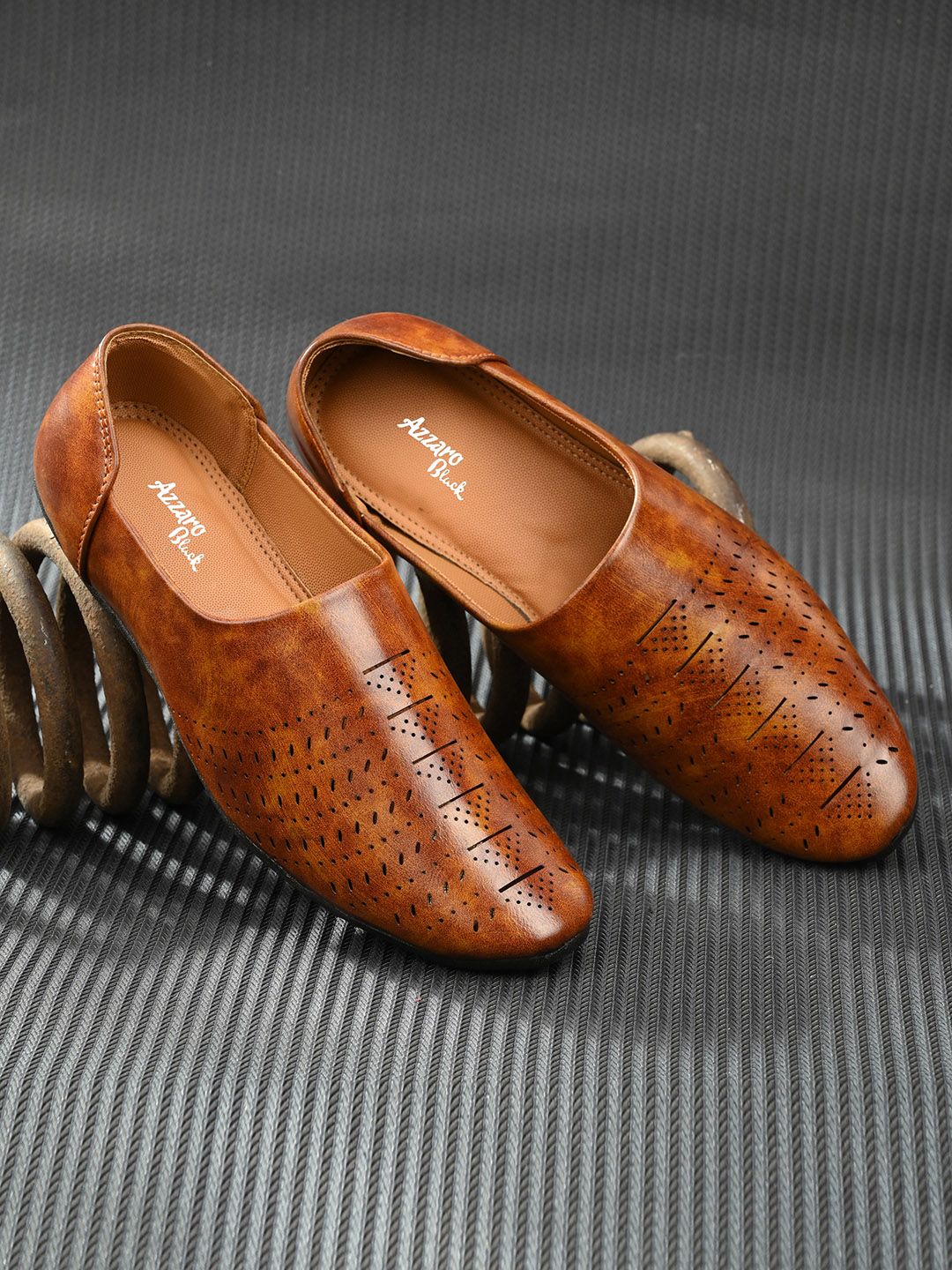 Azzaro Black Men Tan Brown Laser Cut Ethnic Jutti