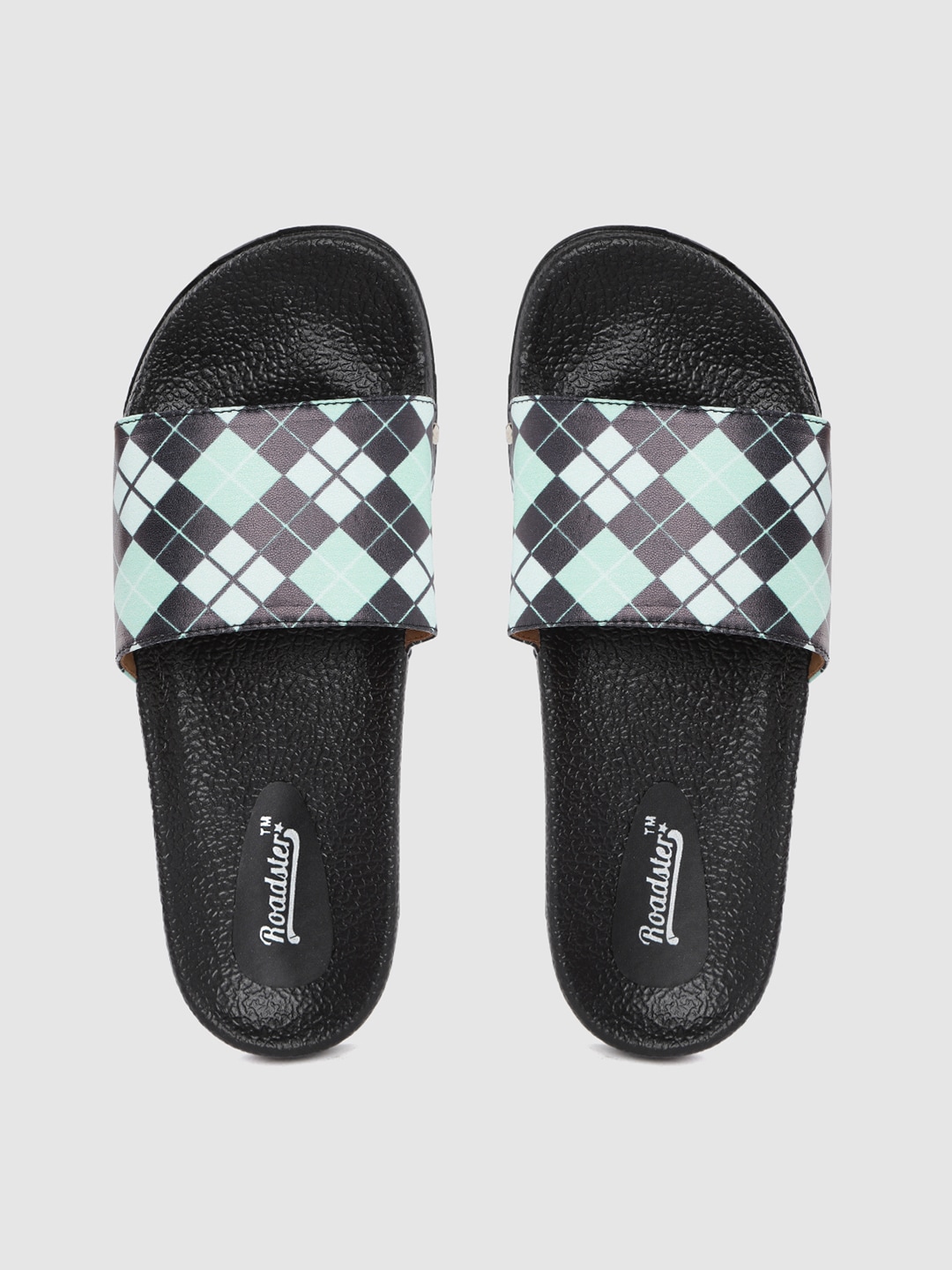 Roadster Women Black & Mint Green Checked Sliders Price in India