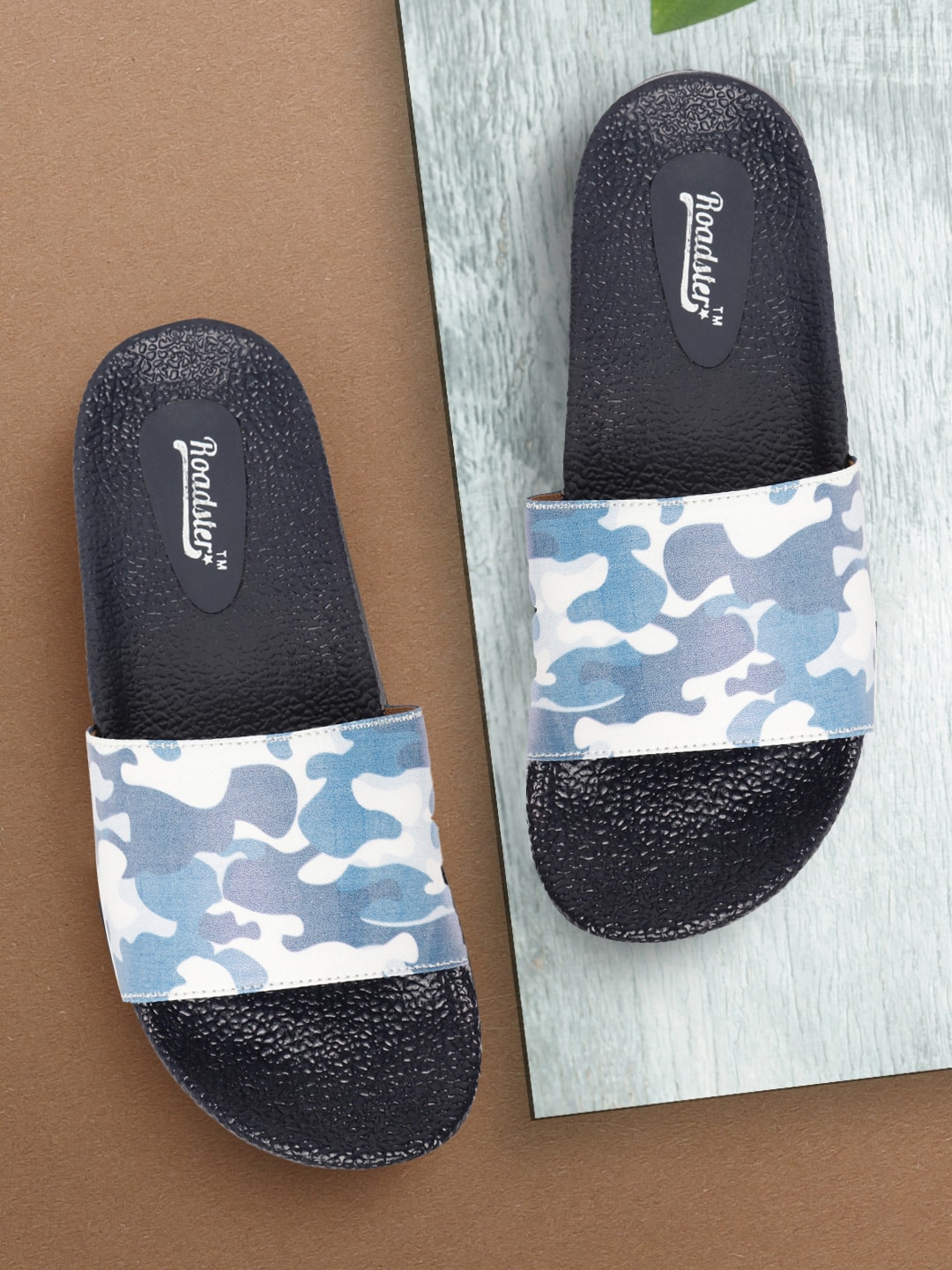 Roadster Women Blue & White Camouflage Print Sliders Price in India