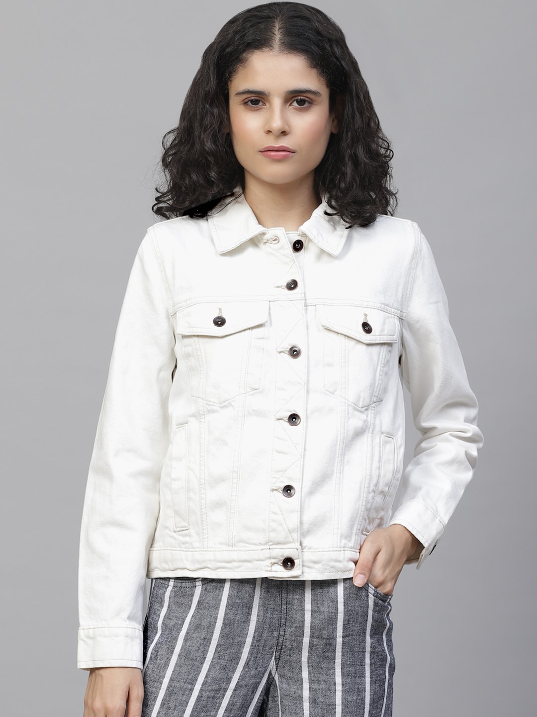 Marks & Spencer Women White Solid Denim Jacket Price in India